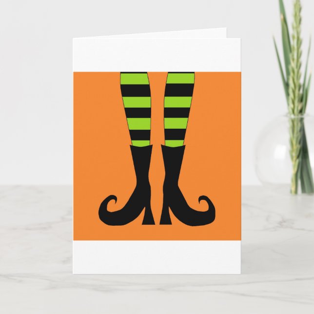 Halloween Witch Feet in Green Orange Background Card (Front)