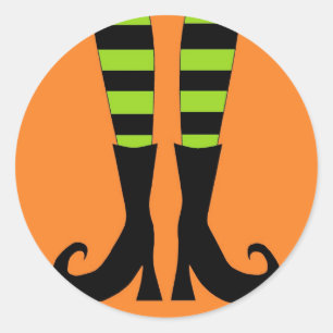Halloween Witch Feet in Green Orange Background Classic Round Sticker