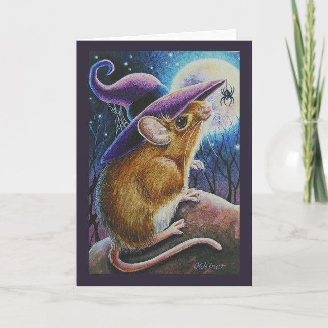 Halloween Witch Field Mouse Spider Watercolor Art Card (Front)