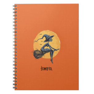 Halloween Witch Fliyng a Broomstick Orange Notebook