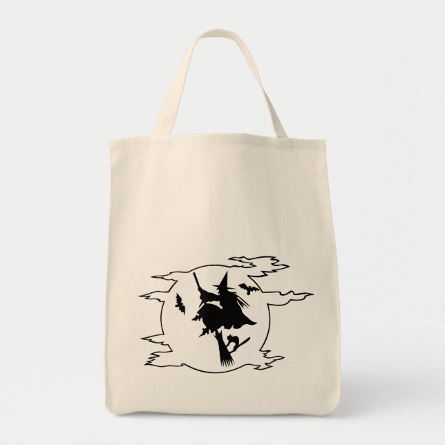 Halloween witch flying broomstick with cat and bat tote bag (Front)