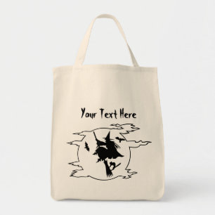 Halloween witch flying broomstick with cat and bat tote bag