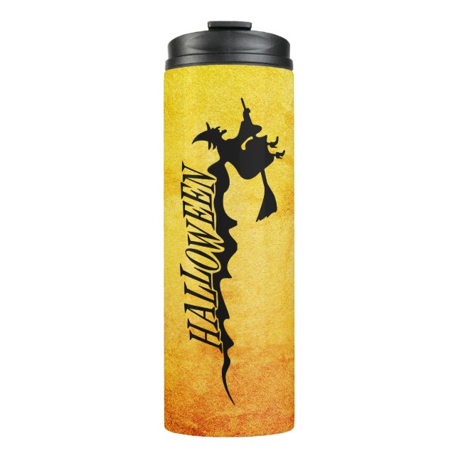 Halloween witch flying on a broomstick thermal tumbler (Front)