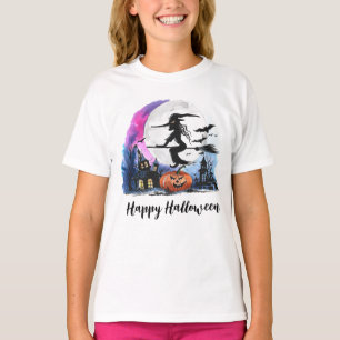 Halloween Witch Flying Over Haunted House T-Shirt
