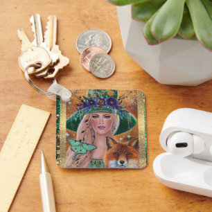 Halloween witch fox art by Renee Lavoie Key Ring