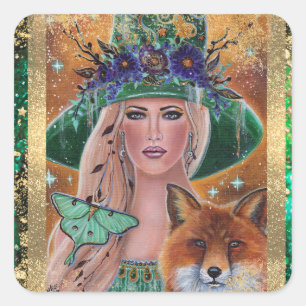 Halloween witch fox art by Renee Lavoie Square Sticker