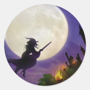 Halloween Witch Full Moon Classic Round Sticker