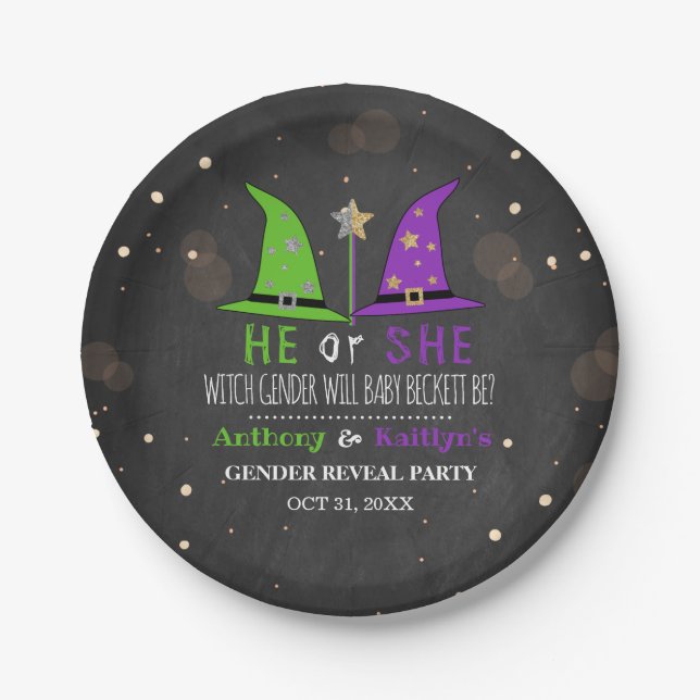 Halloween Witch Gender Reveal Party Paper Plate (Front)