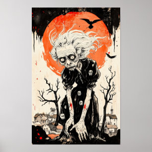 Halloween Witch Ghoul Woodblock-Style  Poster