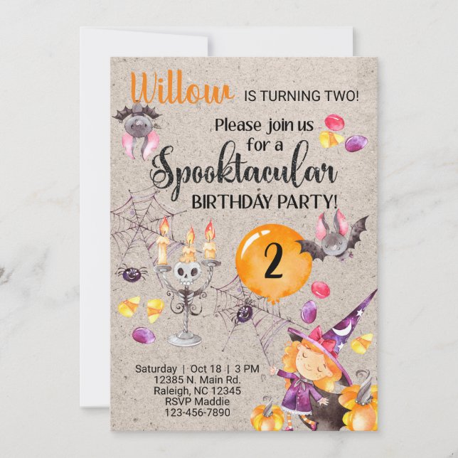 Halloween witch girl birthday invite, any age. inv invitation (Front)