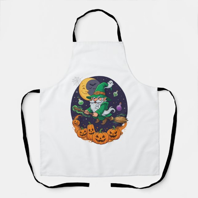 Halloween Witch Gnome Broomstick Pumpkins Moon Apron (Front)
