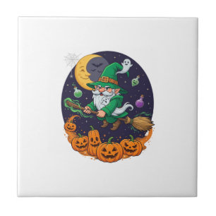 Halloween Witch Gnome Broomstick Pumpkins Moon Tile