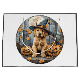Halloween Witch Golden Retriever Puppy Pumpkins Large Gift Bag