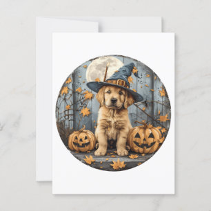 Halloween Witch Golden Retriever Puppy Pumpkins Postcard