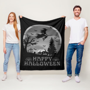 HALLOWEEN WITCH GRAVEYARD BLACK AND WHITE FLEECE BLANKET