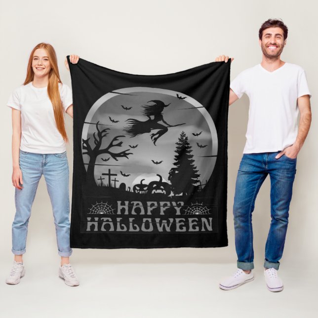 HALLOWEEN  WITCH GRAVEYARD BLACK AND WHITE FLEECE BLANKET (In Situ)