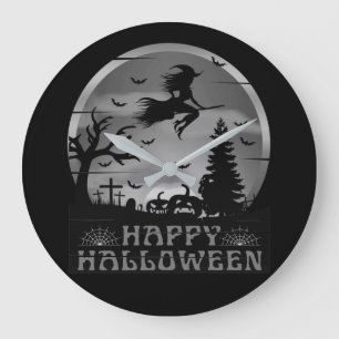 HALLOWEEN WITCH GRAVEYARD BLACK AND WHITE LARGE CLOCK
