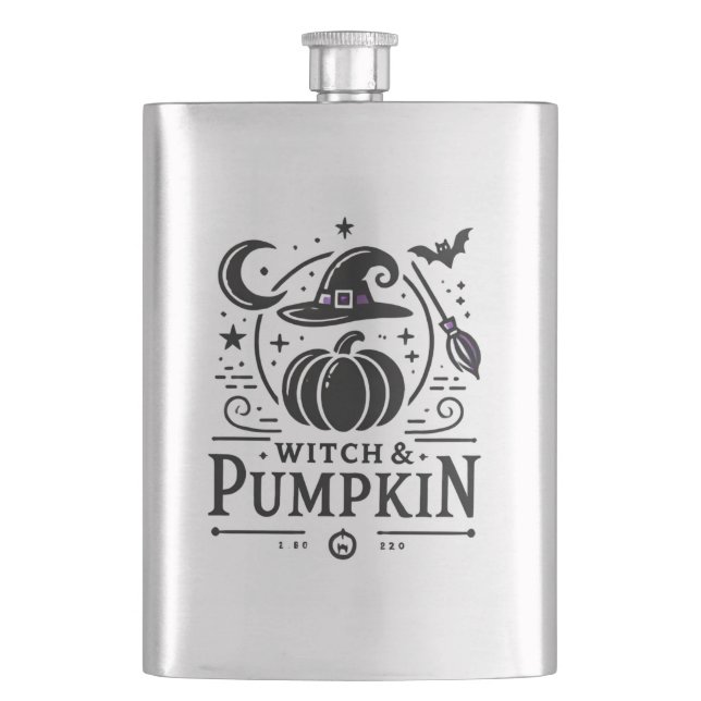 Halloween Witch Hat and Pumpkin Design Magic Art Hip Flask (Front)