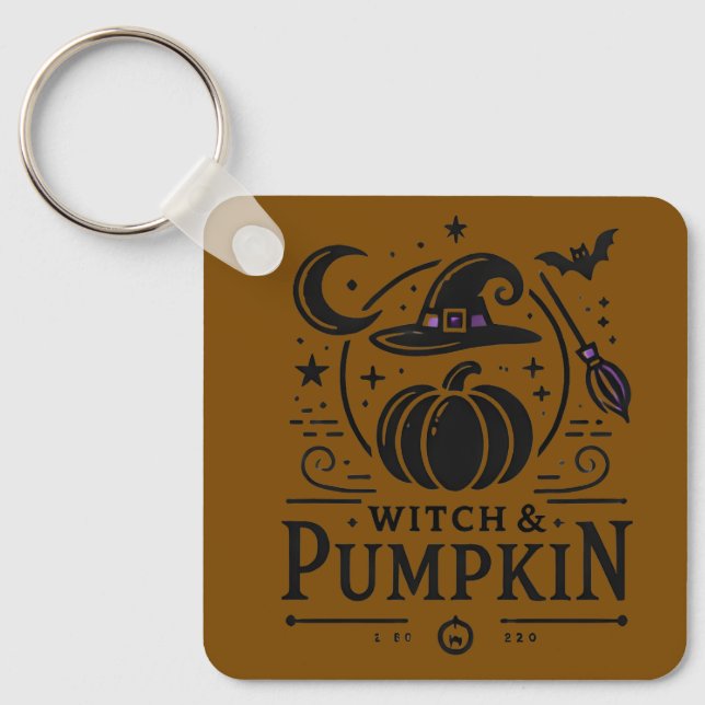 Halloween Witch Hat and Pumpkin Design Magic Art Key Ring (Front)