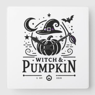 Halloween Witch Hat and Pumpkin Design Magic Art Square Wall Clock