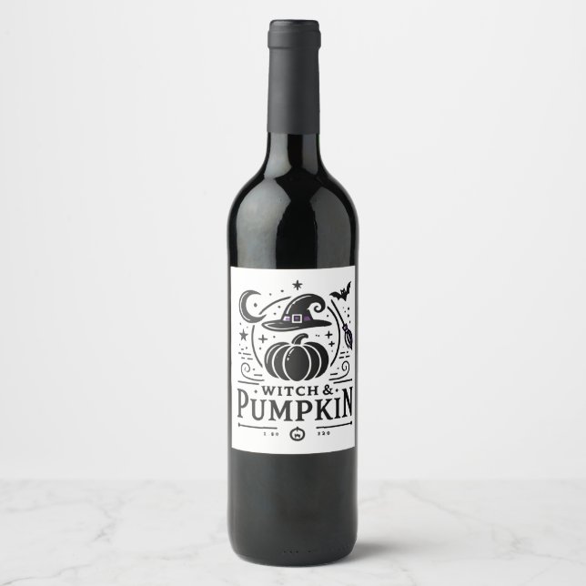 Halloween Witch Hat and Pumpkin Design Magic Art Wine Label (Front)
