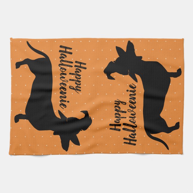 Halloween Witch Hat Dachshund Happy Halloweenie Tea Towel (Horizontal)