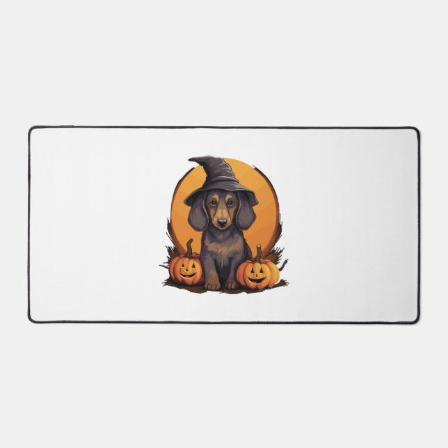 Halloween Witch Hat Pumpkin Dog Dachshund Desk Mat (Front)