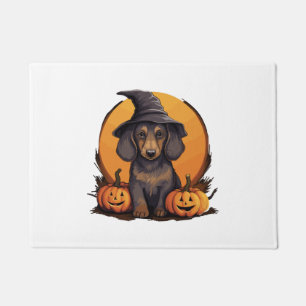 Halloween Witch Hat Pumpkin Dog Dachshund Doormat