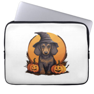 Halloween Witch Hat Pumpkin Dog Dachshund Laptop Sleeve