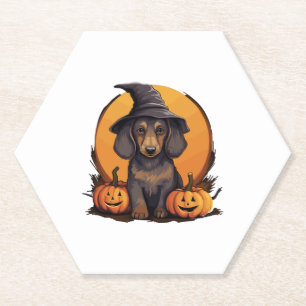 Halloween Witch Hat Pumpkin Dog Dachshund Paper Coaster