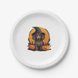 Halloween Witch Hat Pumpkin Dog Dachshund Paper Plate