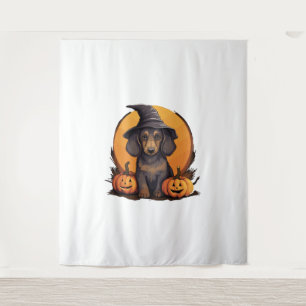 Halloween Witch Hat Pumpkin Dog Dachshund Tapestry