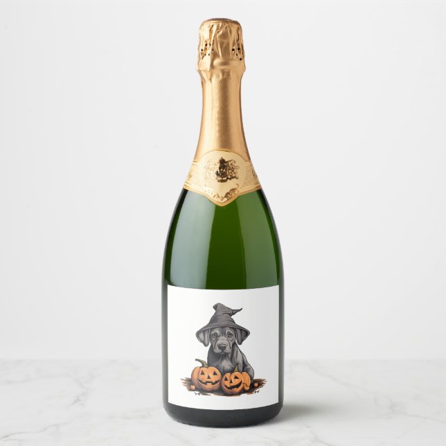 Halloween Witch Hat Pumpkin Dog Great Dane Sparkling Wine Label (Front)