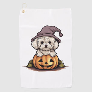 Halloween Witch Hat Pumpkin Dog Maltese Golf Towel