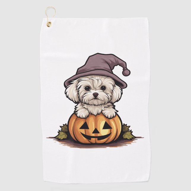 Halloween Witch Hat Pumpkin Dog Maltese Golf Towel (Front)