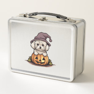 Halloween Witch Hat Pumpkin Dog Maltese Metal Lunch Box