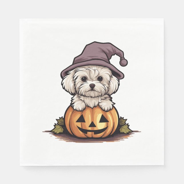 Halloween Witch Hat Pumpkin Dog Maltese Napkin (Front)