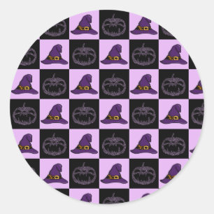 Halloween Witch Hat Pumpkin Face Spooky Pattern Classic Round Sticker
