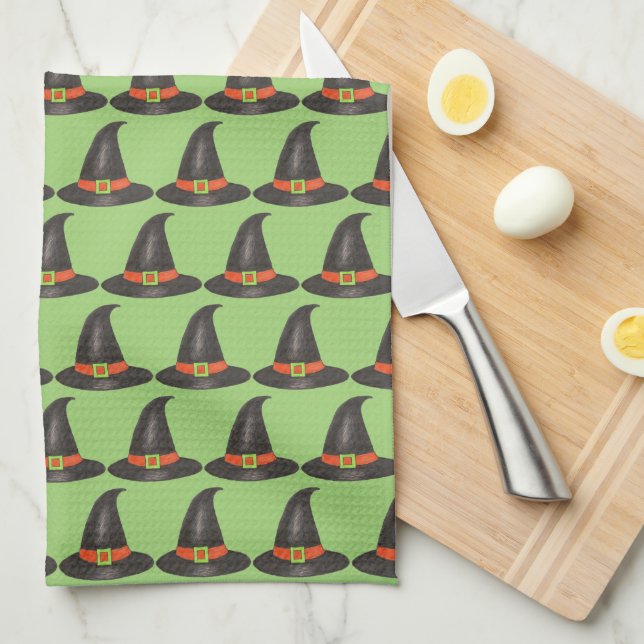 Halloween Witch Hat Trick or Treat Green Print Tea Towel (Quarter Fold)