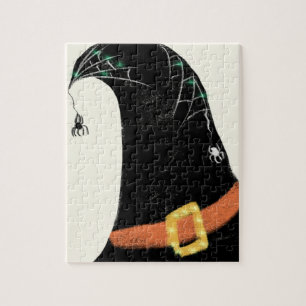 Halloween witch hat with hanging spider jigsaw puzzle