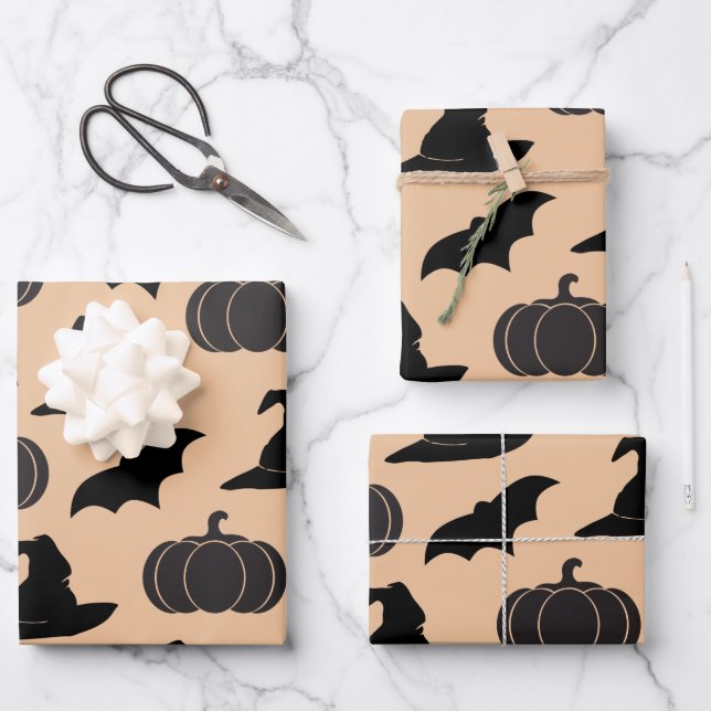 Halloween Witch Hats & Bats & Pumpkins Wrapping Paper Sheet (Front)