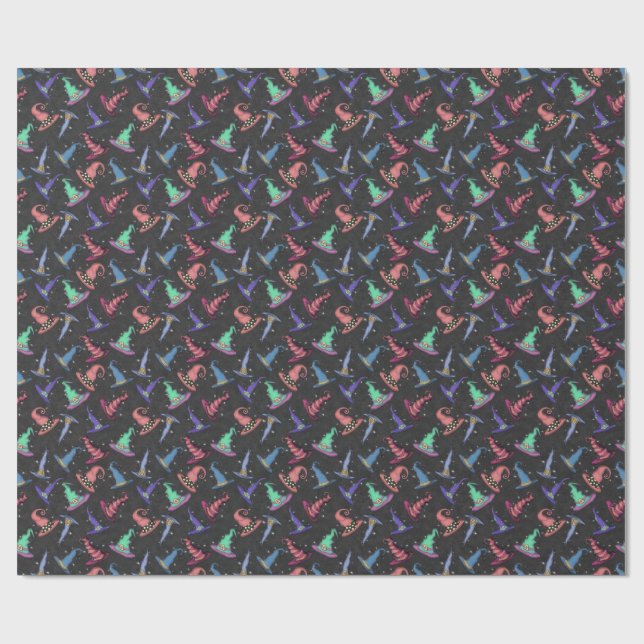 Halloween Witch Hats on Black  Wrapping Paper (Flat)