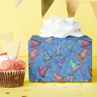 Halloween Witch Hats on Blue Wrapping Paper