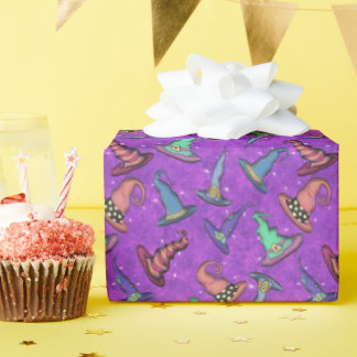 Halloween Witch Hats on Fushsia Pink Wrapping Paper