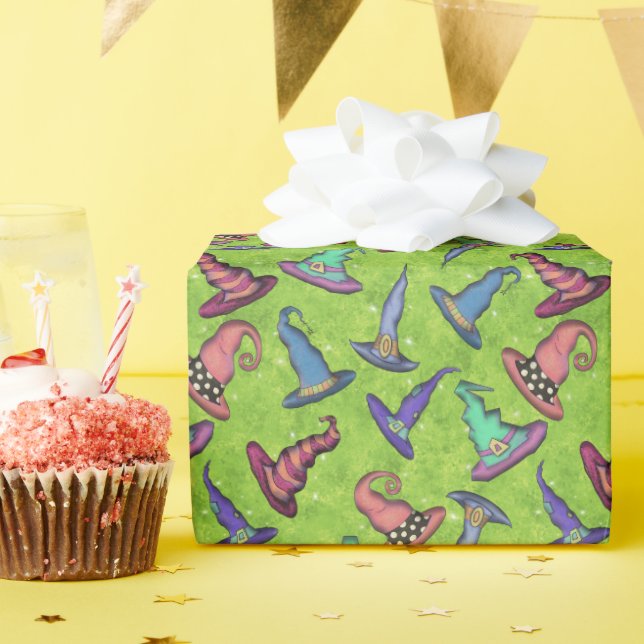 Halloween Witch Hats on Lime Green Wrapping Paper (Birthday Party)
