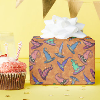Halloween Witch Hats on Orange Wrapping Paper