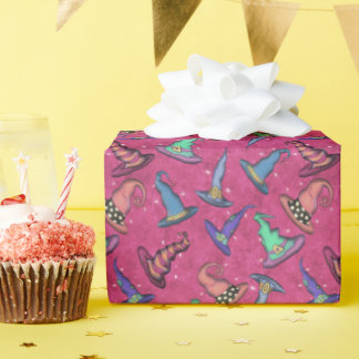 Halloween Witch Hats on Pink Wrapping Paper