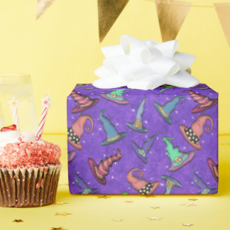 Halloween Witch Hats on Purple Wrapping Paper