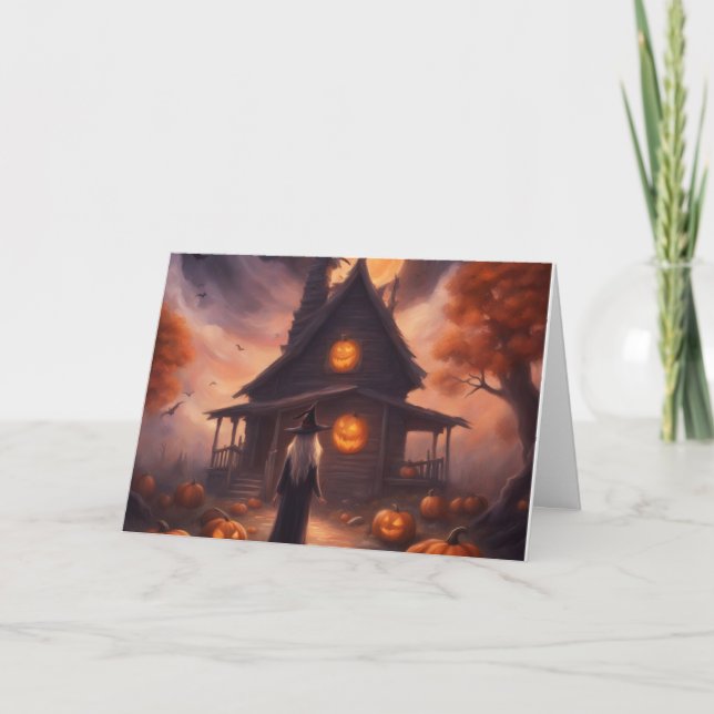 Halloween witch heading to her haunted house card (Front)