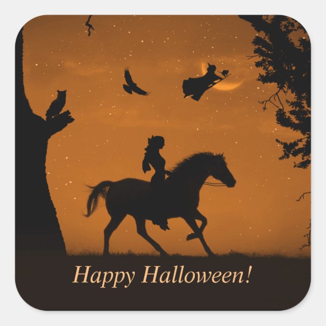 Halloween Witch Horse and Rider Cute Spooky Square Sticker (Front)